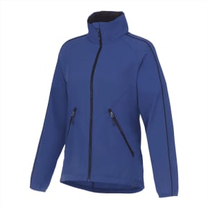 A blue women's rain jacket with a high collar, zippered front, and two zippered pockets, featuring a logo.