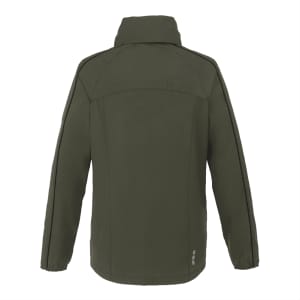A women's packable rain jacket in olive green, featuring a simple design and a logo on the lower side.