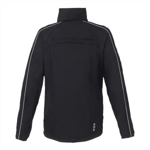 A black women's rain jacket with reflective detailing and a high collar, featuring a logo on the back.