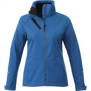 A blue women's Peyto softshell jacket with a zippered front and a high collar. It features a logo on the chest.