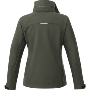 A women's softshell jacket in dark green, featuring a high collar and a logo on the back.