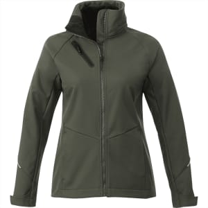 A women's softshell jacket in olive green featuring a front zip and a high collar. It has a logo on the sleeve.