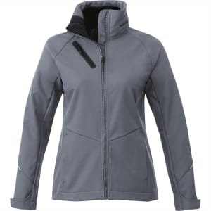 A women's grey Peyto softshell jacket featuring a zippered front and high collar, with a logo on the chest.