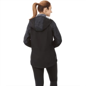A women's softshell jacket in black with a grey patterned hood and sleeves, featuring a logo.