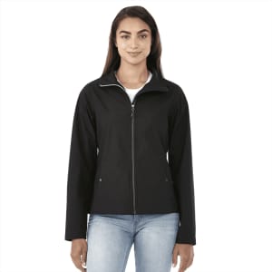 A women's softshell jacket in black, featuring a front zip and a collar, with a logo on the chest.