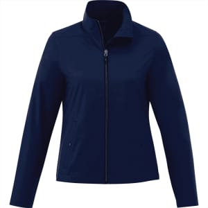 A women's navy softshell jacket featuring a zip closure and side pockets, with a collar and a logo.