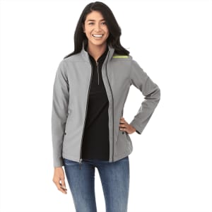 A women's softshell jacket in grey with a zip front and stand collar, featuring a logo on the shoulder.
