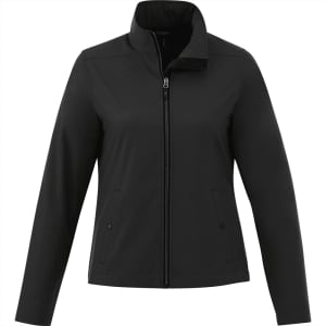 A black women's softshell jacket with a zip front, stand-up collar, and two side pockets. Features a logo.