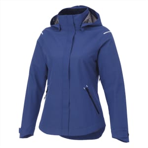 A blue women's softshell jacket with a hood, featuring zippered pockets and a logo.