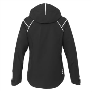 A women's black softshell jacket featuring a hood and reflective detailing on the back.