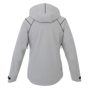A grey softshell jacket for women featuring a hood and zippered pockets, with a logo on the back.