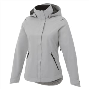 A women's soft shell jacket in light grey with a hood and zippered pockets, featuring a logo.