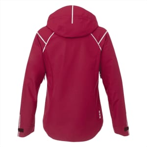 A red women's softshell jacket with a hood and reflective detailing on the back. Features a logo present.