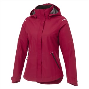 A women's softshell jacket in a vibrant red colour, featuring a hood and zippered pockets. It has a logo on the jacket.
