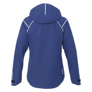 A women's softshell jacket in navy blue, featuring a hood and reflective detailing. The jacket has one logo.