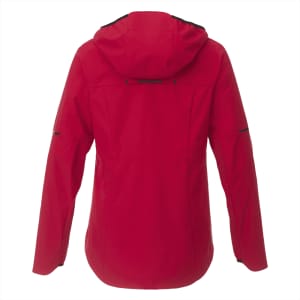 A red women's softshell jacket with a hood, featuring a sleek design and a logo on the back.