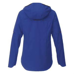 A women's softshell jacket in vibrant blue, featuring a hood and a logo on the back.