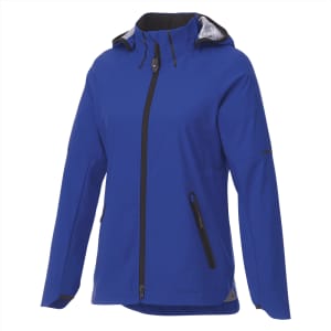 A blue women's softshell jacket with a zip closure, adjustable hood, and a logo on the sleeve.