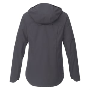A women's softshell jacket in dark grey with a hood and sleek design, featuring a logo on the back.