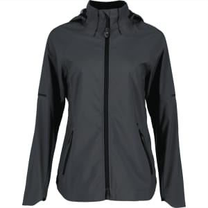 A women's Oracle softshell jacket in black with a front zip and side pockets, featuring a hood and branding.