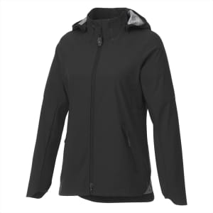 A women's softshell jacket in black, featuring a hood and zippered pockets. Includes a logo on the front.