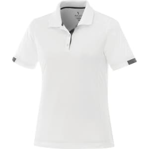 A white women's short sleeve polo shirt with a subtle logo and grey accents on the sleeves.