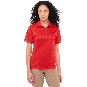 A red women's short sleeve polo shirt with grey accents and a logo on the chest.
