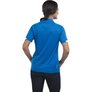 A blue women's short sleeve polo shirt with a logo, featuring a classic collar and a fitted silhouette.
