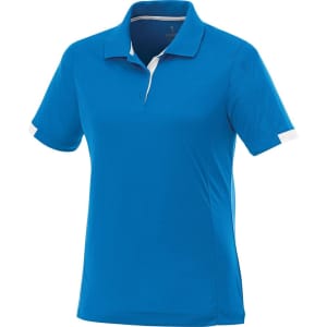 A blue women's short sleeve polo shirt with a contrasting white collar and branding.