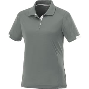 A women's short sleeve polo shirt in a soft green hue, featuring a subtle texture and a branded logo.