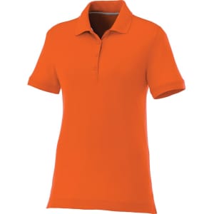 An orange women's short sleeve polo shirt with a classic collar and a logo.