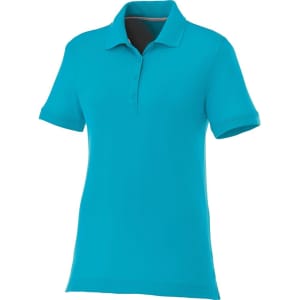A women's short sleeve polo shirt in vibrant turquoise with a classic collar and button placket.