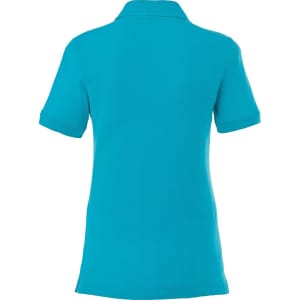 A women's short sleeve polo shirt in vibrant turquoise, featuring a classic collar and a logo.