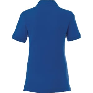 A women's short sleeve polo shirt in a vibrant blue colour, featuring a logo. Back view displayed.