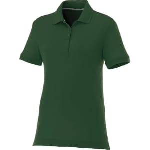 A green women's short sleeve polo shirt with a collar and a logo.