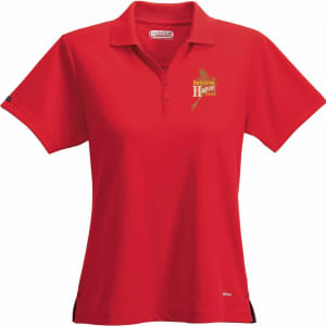 A red women's polo shirt featuring a logo on the front. Short sleeves and a classic collar design.