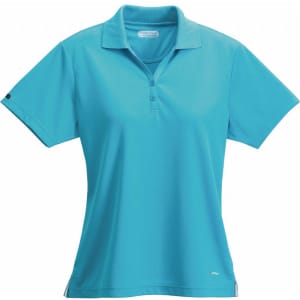 A turquoise short sleeve polo shirt for women with a collar and a logo on the sleeve.