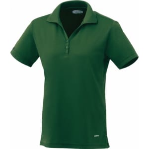 A women's short sleeve polo shirt in dark green, featuring a collar and a logo.