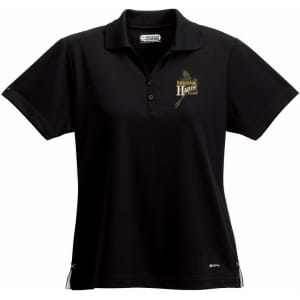 A black women's polo shirt with a collared design and a logo. Short sleeves for a casual look.