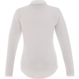 A women's long sleeve polo shirt in a light grey colour, featuring a collar and a subtle logo.