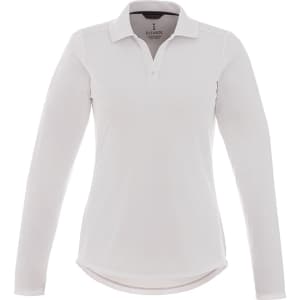 A women's long sleeve polo shirt in white with a collar and a logo on the front.