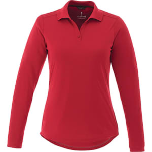 A red women's long sleeve polo shirt with a collar. Features a logo on the chest.
