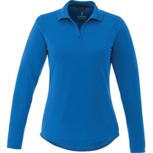 A women's long sleeve polo shirt in vibrant blue with a collar and a subtle logo.