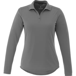 A women's long sleeve polo shirt in grey, featuring a collar and a logo.