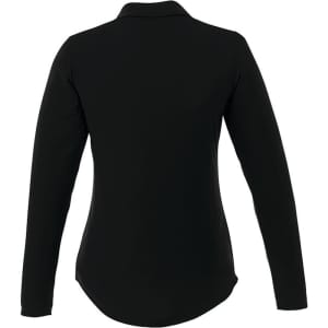 A women's long sleeve polo shirt in black, featuring a collar and a fitted design. Includes a logo on the garment.