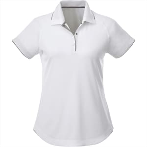 A women's short sleeve polo shirt in white with grey accents and a collar, featuring a logo.