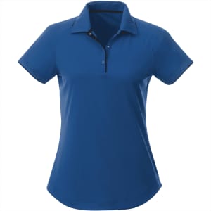 A women's short sleeve polo shirt in a vibrant blue colour, featuring a collar and a logo.