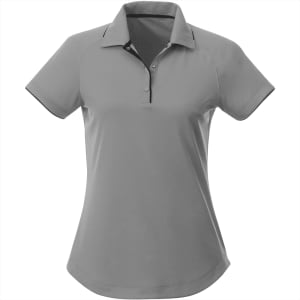 A women's short sleeve polo shirt in grey with a collar and a logo.