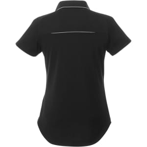 A black women's polo shirt with a contrasting feature on the back and a simple logo. Short sleeves included.