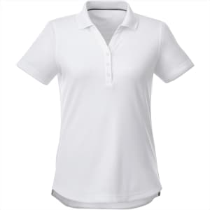 A white women's polo shirt with a collar, buttons, and a subtle logo. Suitable for casual or smart-casual settings.